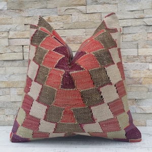 Kilim Pillow Cover: 16in Square Turkish Wool Tribal Cushion