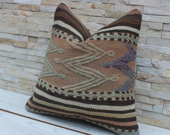 Persian Rug Kilim Pillow Cover 16 in Oriental Carpet Cushion Cover, Handmade Natural Wool Boho Throw Pillow, Old Turkish Rug Ethnic Cushion