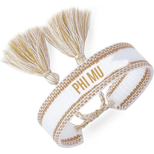 Phi Mu Woven Bracelet — Woven Bracelet with Sorority Name and Tassels