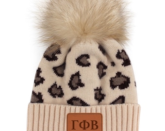 Gamma Phi Beta Leopard Pom Pom Beanie Hat