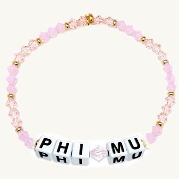 Phi Mu Bracelet — Glass Bead Bracelet with Sorority Name Beads and 18K Gold Accent Beads