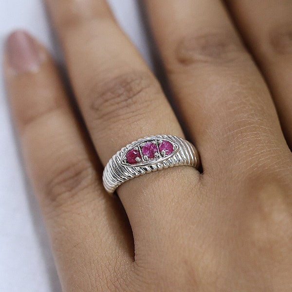 Natural Ruby Ring, July Birthstone Ring, Three Stone Ring, 925 Sterling Silver Jewelry, Band Ring, Designer Handmade Ring, Anniversary Gift