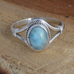 Natural Blue Ocean Larimar Ring, Sterling SilverJewelry, Healing Crystals Ring For Her, Simple Boho Ring for Women, Birthday Gifts for Wife