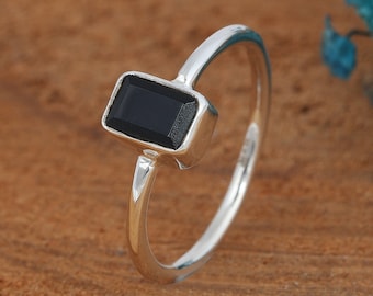 Black Onyx Sterling Silver Ring: Vintage Rectangle Dainty Jewelry