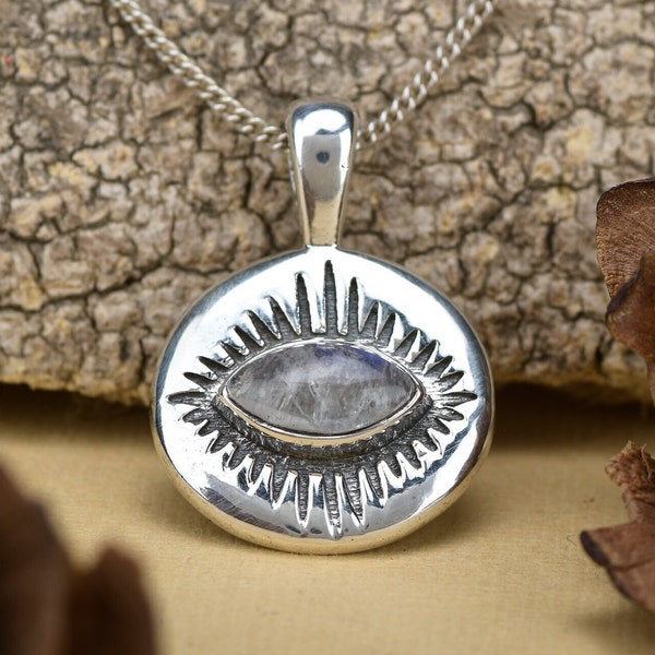 Rainbow Moonstone Evil Eye Pendant Necklace, 925 Sterling Silver for Women, Evil Eye Pendant Necklace, Handmade Jewelry, Gift for Her