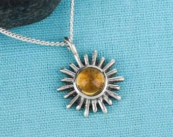 Citrine Sun Pendant: Sterling Silver Celestial Necklace, November Birthstone