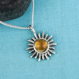 Citrine Sun Necklace, Sterling Silver Pendant With Chain, Celestial Pendant, Sun Pendant, November Birthstone, Gift for Her, Dainty Necklace