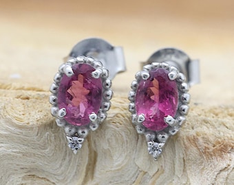Pendientes ovalados de turmalina rosa, joyería minimalista de plata de ley, regalos para ella.
