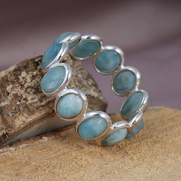 Bague éternité Larimar, bague Larimar, pierre de guérison, bague en argent pour femme, cadeau d'anniversaire, cadeau pour elle, bijoux Larimar