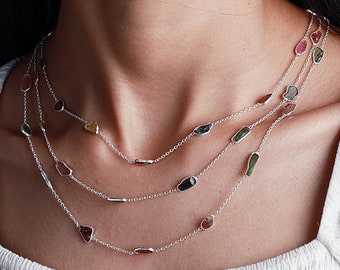 Collana a maglie di tormalina, catena d'argento fatta a mano, gioielli con pietre preziose curative, regalo di anniversario unico, collana multistrato