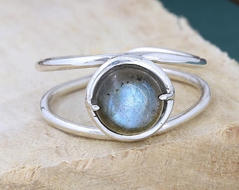 Natural Labradorite Double Band Ring: Sterling Silver Boho Chunky Jewelry gift for her