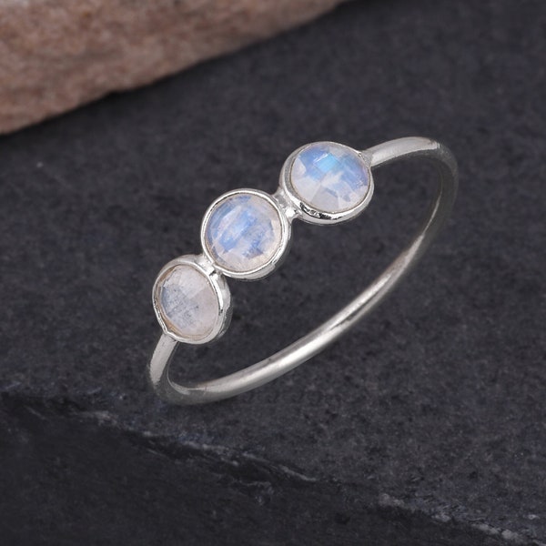 Natural Rainbow Moonstone Ring, Trio Bezel Ring, Sterling Silver Rings, Handmade Jewelry, Three Stone Ring, Stackable Ring, Rings For Women