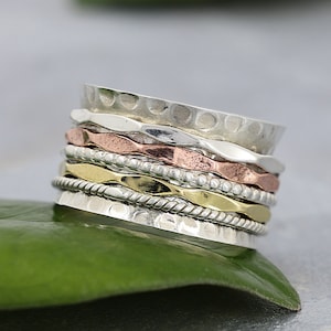 Srebrny pierścień obrotowy: Trójkolorowa opaska do medytacji Fidget – biżuteria na prezent dla żony