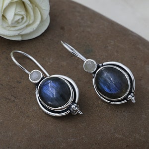Blue Flash Labradorite Earrings: Handmade 925 Sterling Silver Bohemian Jewelry