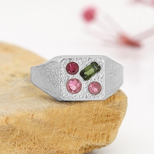 Anello con sigillo in tormalina multicolore naturale, in argento sterling 925, gioiello testurizzato per lei, anello di tendenza fatto a mano, regalo di anniversario.