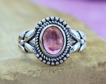 Natural Pink Tourmaline Ring, Sterling Silver Handmade Vintage Style Jewelry, Leaf Band Ring gifts for her