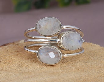 Rainbow Moonstone Ring, Three Stone Ring, Stacking Silver Ring for Women, Moonstone Ring, Anniversary Gift, Sterling Silver, Gift for Her