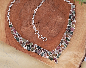 Rough Multi Stone Necklace, Elegant Rough Multi Tourmaline Silver Necklace for Women - Natural Gemstone Pendant, Handmade Jewelry