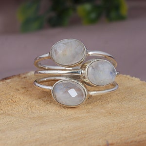 Rainbow Moonstone Ring, Three Stone Ring, Stacking Silver Ring for Women, Moonstone Ring, Anniversary Gift, Sterling Silver, Gift for Her