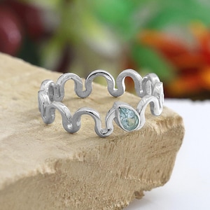 Blue Topaz Ripple Stacking Ring, Sterling Silver Wave Band, Minimalist Dainty Jewelry gifts for her