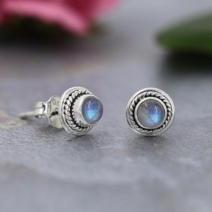 Rainbow Moonstone Stud Earrings: 925 Sterling Silver Dainty Jewelry