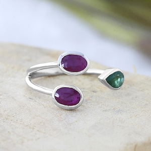 Ruby and Green Onyx  Ring- Sterling Silver Handmade Open Wrap Design
