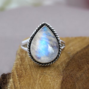 Teardrop Rainbow Moonstone Ring: Sterling Silver Split Shank, Boho Jewelry gifts for wife