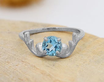 Natural Swiss Blue Topaz Antler Style Ring, Sterling Silver Organic Branch Band, Curved Deer Horn Ring, Nature Inspired Jewelry for Women
