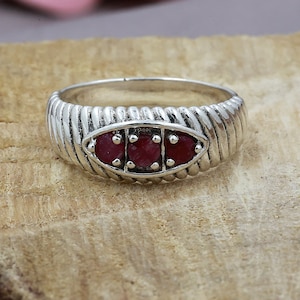 Bague rubis trois pierres, anneau Art déco en argent sterling 925, pierre de naissance juillet
