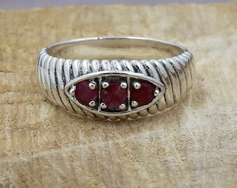 Three Stone Ruby Ring, 925 Sterling Silver Art Deco Band, July Birthstone