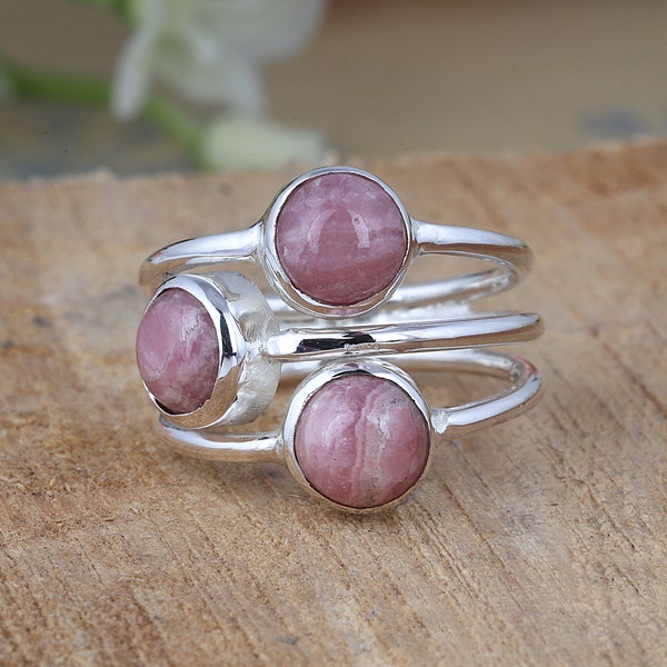 Rhodochrosite Trio Ring: 925 Sterling Silver Pink Gemstone Ring