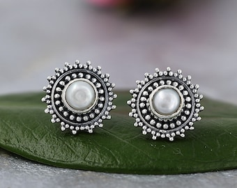 Freshwater Pearl Stud Earrings: 925 Sterling Silver Boho Style Jewelry
