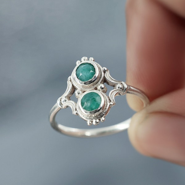 May Birthstone Ring Natural Emerald Two Stone Rings 925 Sterling Silver BAGUE ÉMERAUDE bijoux en argent Victorian Jewelry Minimalist Ring