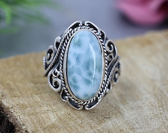 Vintage Larimar Ring: Sterling Silver Filigree Oxidized Boho Artisan Jewelry Gift for Women