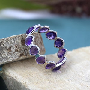 Natural Amethyst Eternity Ring, Teardrop Band Ring, Sterling Silver Minimalist Jewelry, Purple Dainty  Stacking Ring For Women, Promise Ring