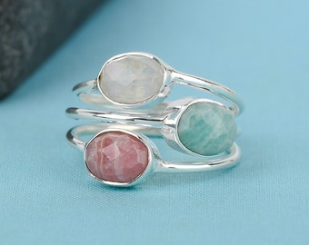Rhodochrosite Amazonite Moonstone Ring: Sterling Silver Stackable Trio