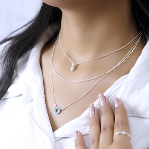Sterling Silver Layered Necklace: Turquoise Boho Multi Strand Jewelry, Stacking Chain Necklace