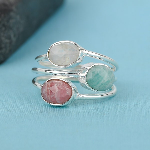 Trio Ring, Rhodochrosite Amazonite Moonstone Ring, Stackable Ring, Handmade Jewelry, Promise Ring, Anniversary Gift, Three Stone Ring