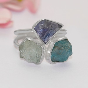 Trio Multi Rough Stone Ring, Aquamarine, Tanzanite, and Apatite Ring, Sterling Silver Jewelry, Three Stone Ring, Triple Band Ring For Women