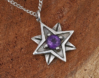 Amethyst Starburst Pendant Necklace: Sterling Silver Birthstone Jewelry