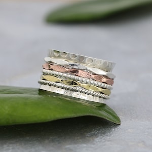 Sterling Silver Spinner Ring: Three Tone Fidget Meditation Band