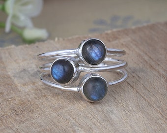 Natuurlijke labradoriet ring, sterling zilveren ringen, edelsteen sieraden, cadeau voor haar, drie stenen ring, blauwe vuurring, statement ringen voor moeder