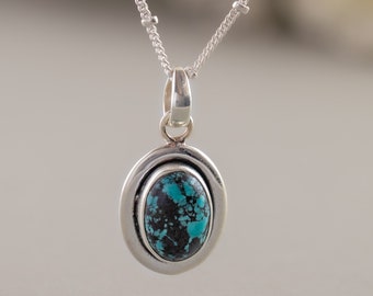 Tibetan Turquoise Pendant 925 Sterling Silver Jewelry Natural Oval Gemstone Necklace Bezel Set Handmade Pendant With Chain Mothers Day Gift