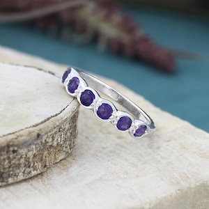 Natural Amethyst Half Eternity Ring for Women, 925 Sterling Silver Minimalist Jewelry, Stacking Band Ring, Purple Half Eternity Ring for Her