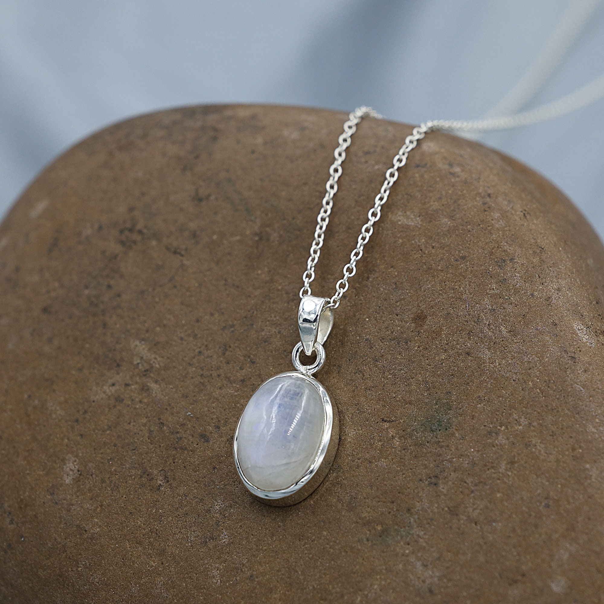 Collana Delicata Con Ciondolo In Pietra Di Luna Arcobaleno - Argento 925 Placcato Rodio, Catena 50 Cm, Grado AA, Regalo
