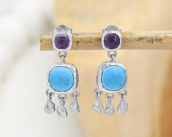 Amethyst and Turquoise Earrings, Sterling Silver Handmade  Jewelry, Two stone cocktail dangle earrings, Birthday Gift for Her