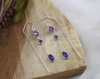 Amethyst Threader Earrings, Sterling Silver Dangle Chain
