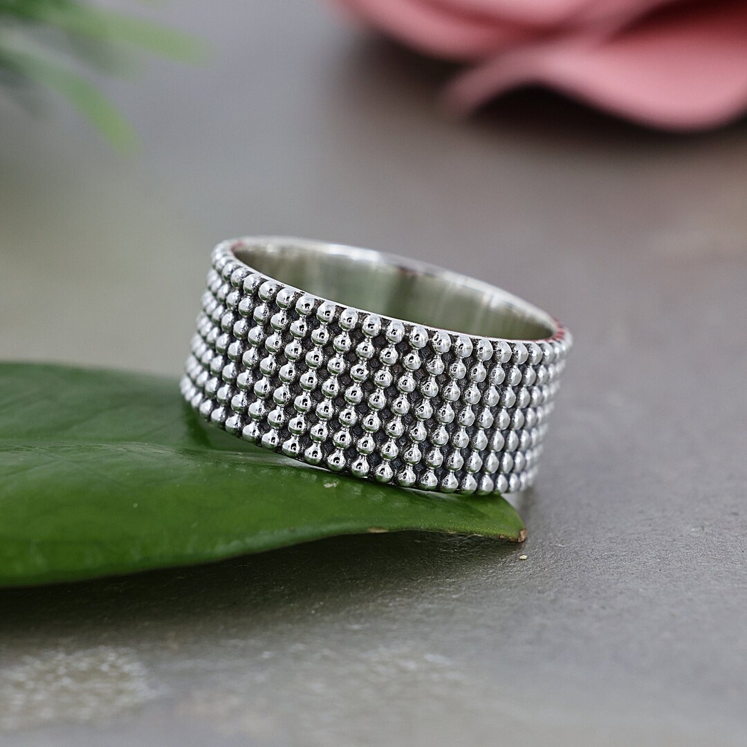 Sterling Silver Beaded Wide Band Ring, 925 Silver Statement Ring