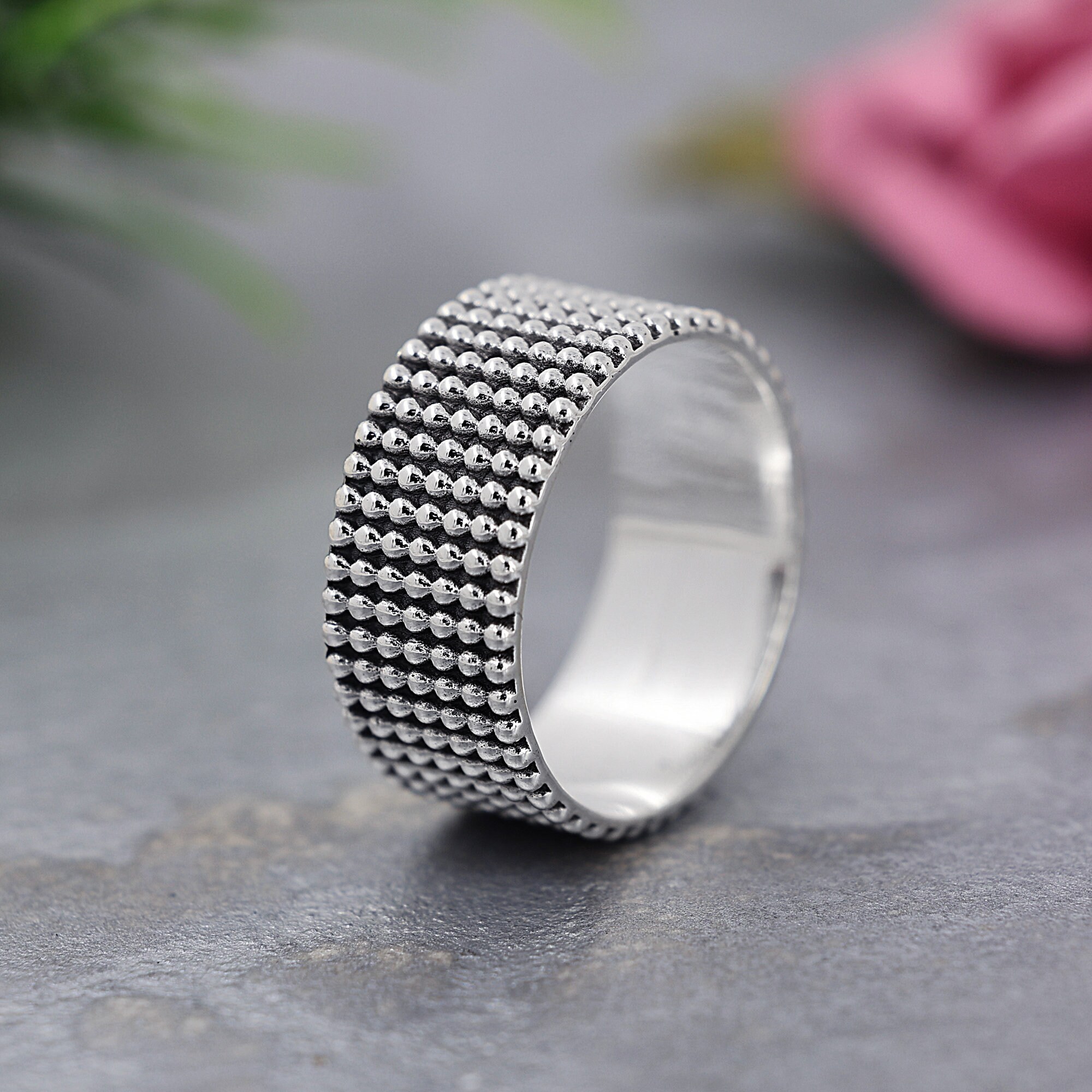 Sterling Silver Beaded Wide Band Ring, 925 Silver Statement Ring