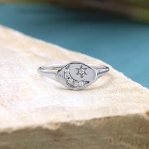 Sterling Silver Star and Moon Ring: Cubic Zirconia Celestial Jewelry